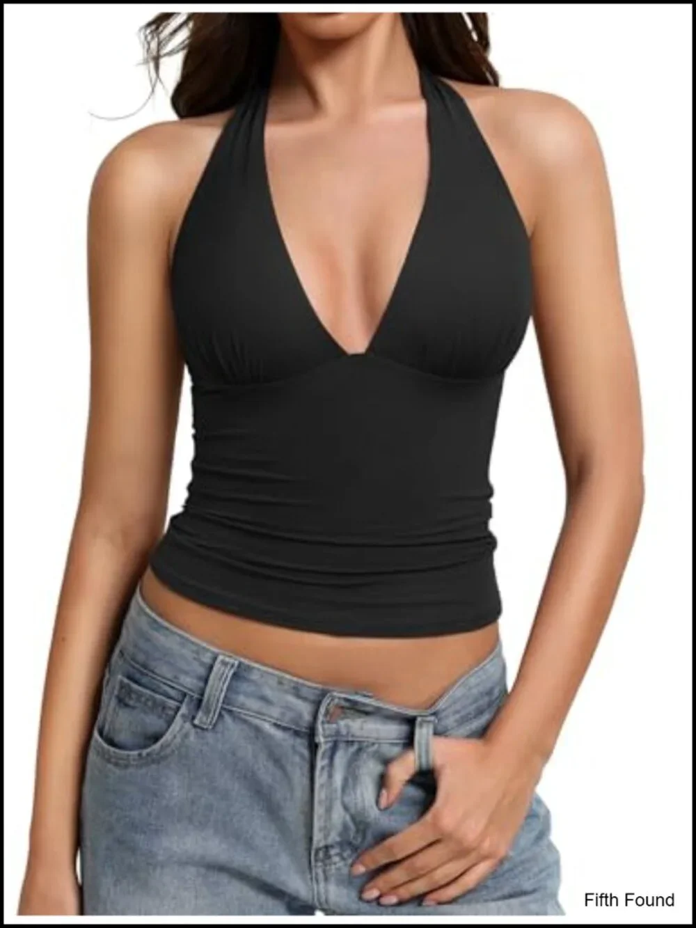 Double Lined Halter Tank Top Backless Deep V Neck Y2K Crop Top